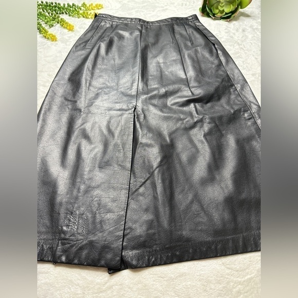 Vintage 1980s 80s Siena Black 100% Leather Midi Length Pencil Skirt Womens 8 - Picture 9 of 12